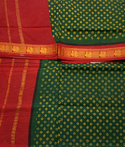 Chettinad Sungudi Cotton Green Colour with Maroon Border