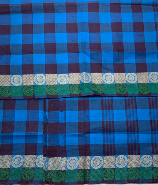 Chettinad Cotton Saree Blue and Navy Blue Colour with Checked Design