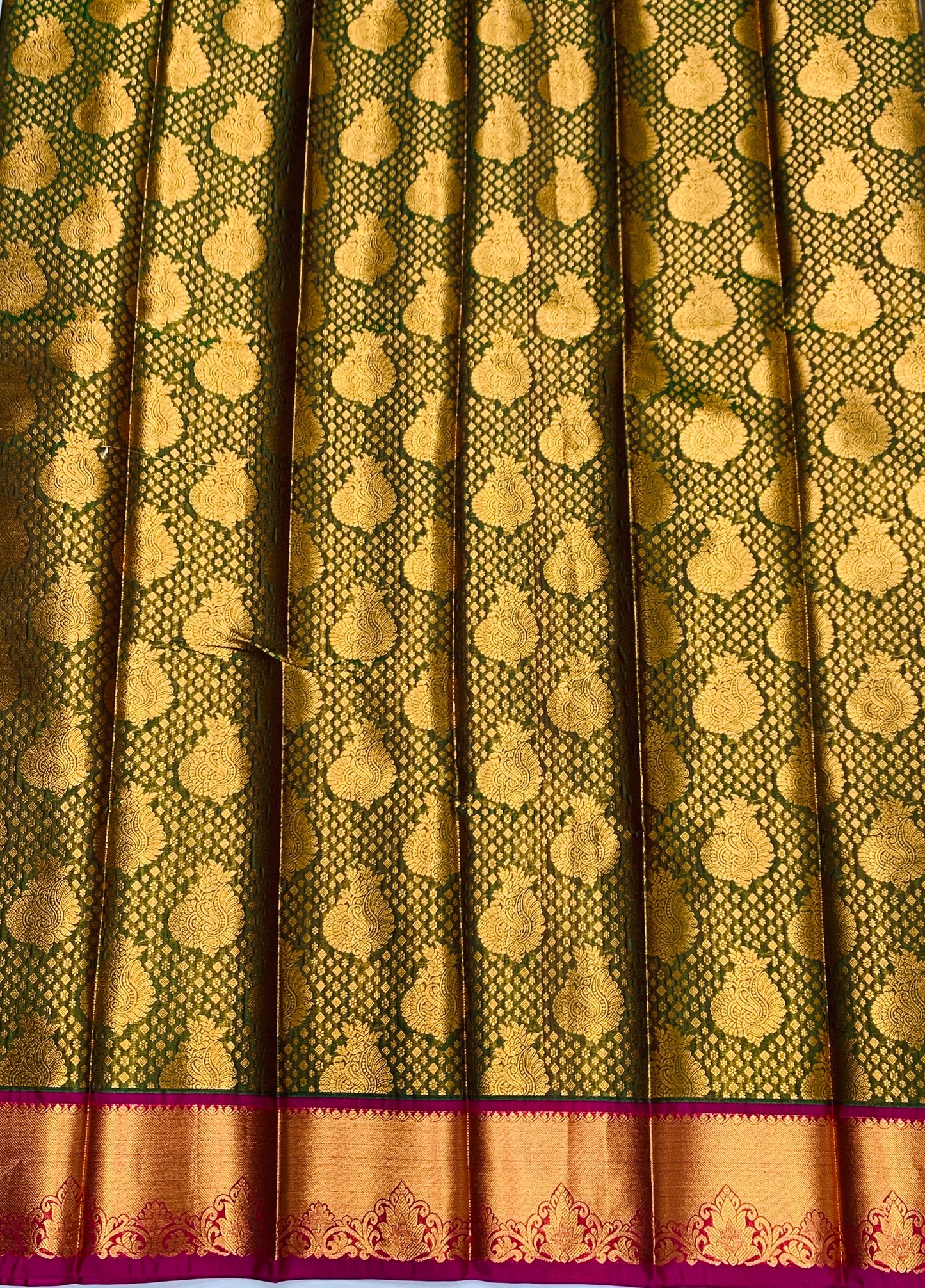 Vegan Silk Saree Olive Green Colour with Copper and Pink Border