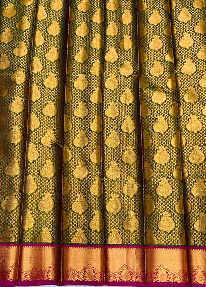 Vegan Silk Saree Olive Green Colour with Copper and Pink Border