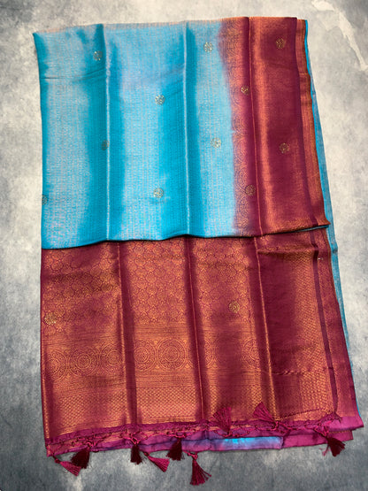 Soft Silk Saree Sky Blue Colour and Stone Work with Magenta Colour Pallu