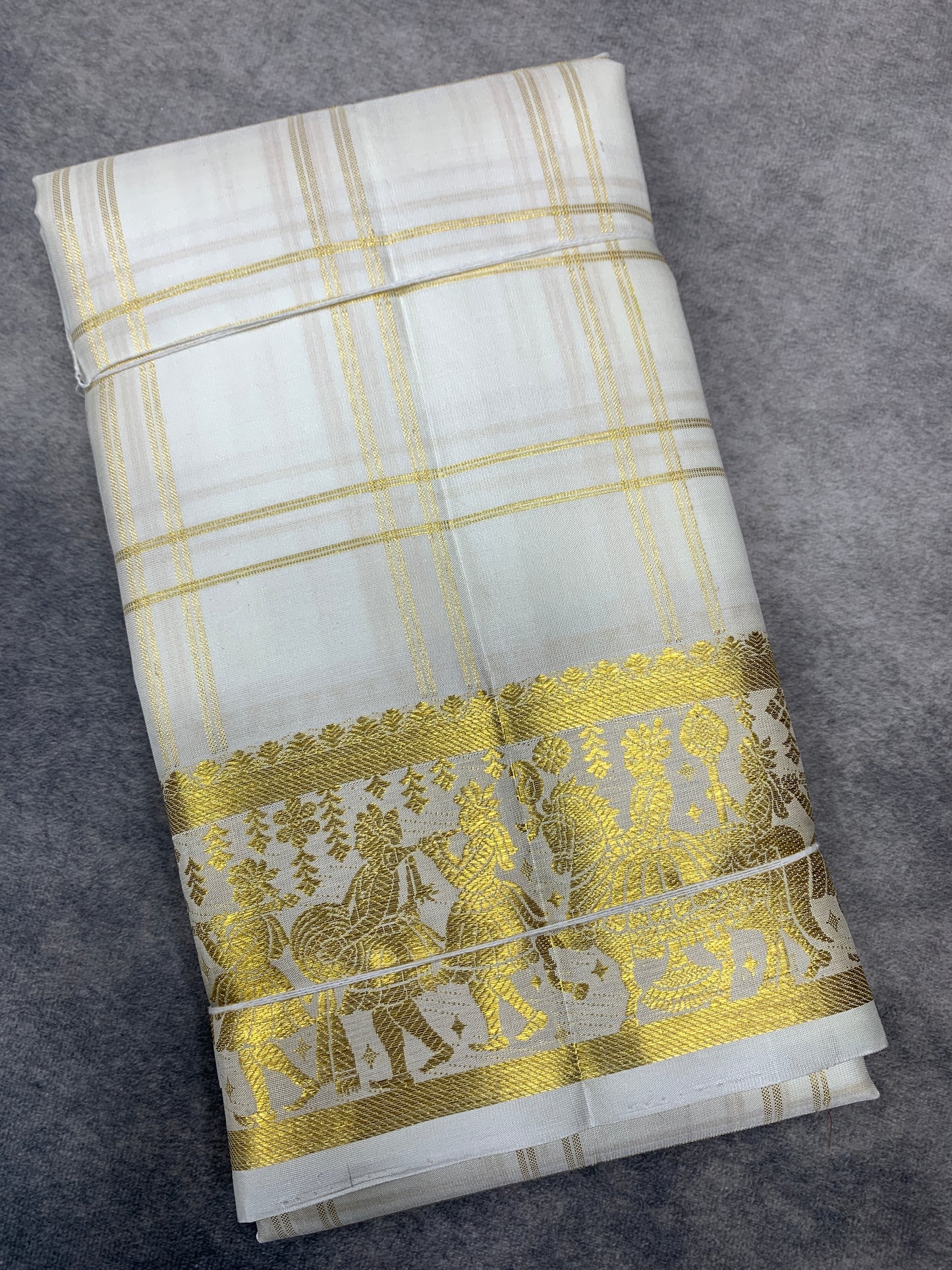 9X5 Pure Silk Dhoti White Colour with Golden Colour Fancy Jaquard Border