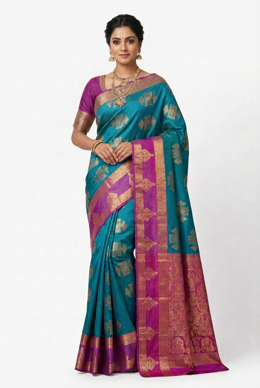 Soft Silk Casual Saree Peacock Green with Rettai Pettu Magenta Colour Border