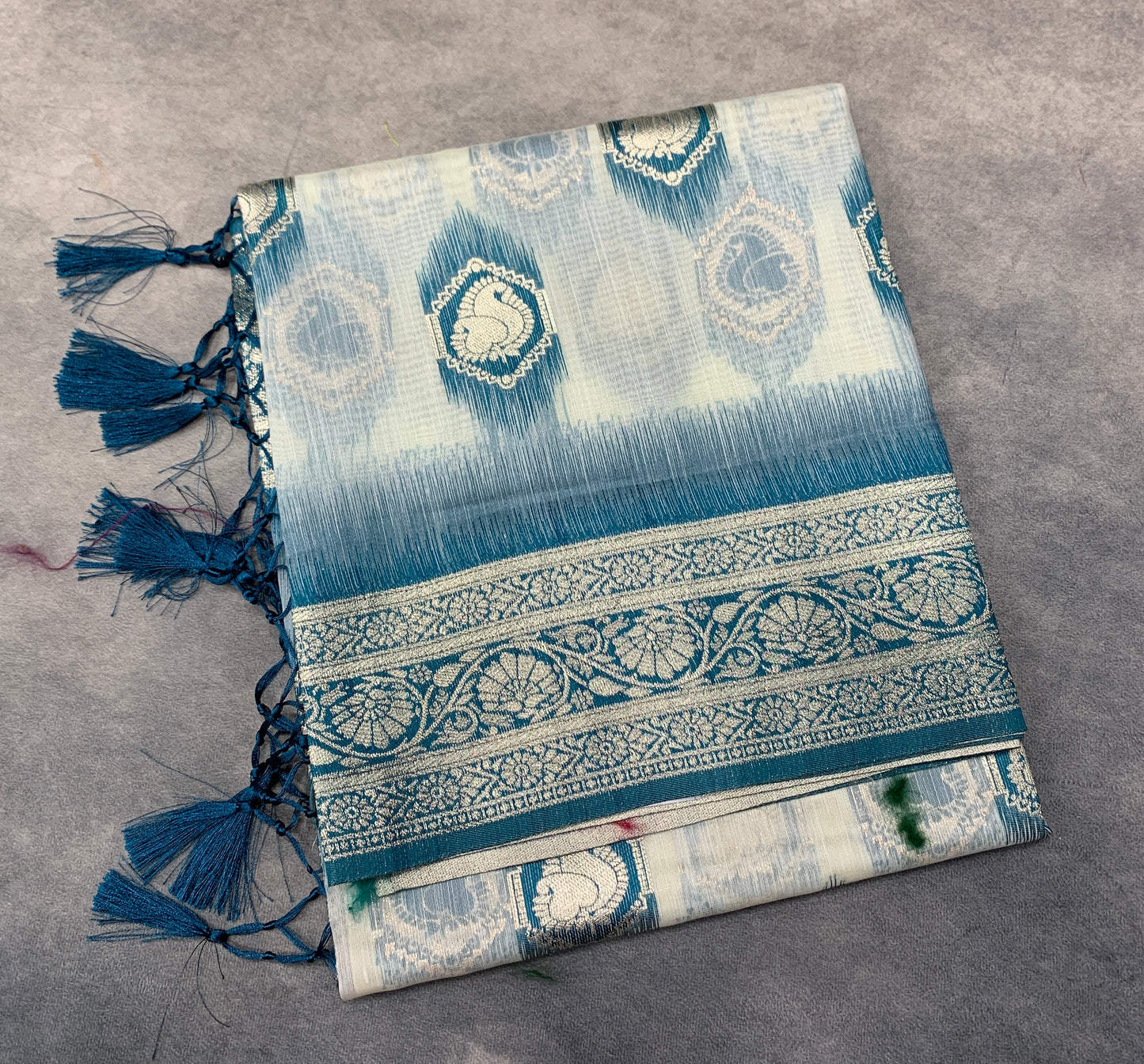 Banaras Katan Saree Off White Colour with Peacock Blue Katan Work Border