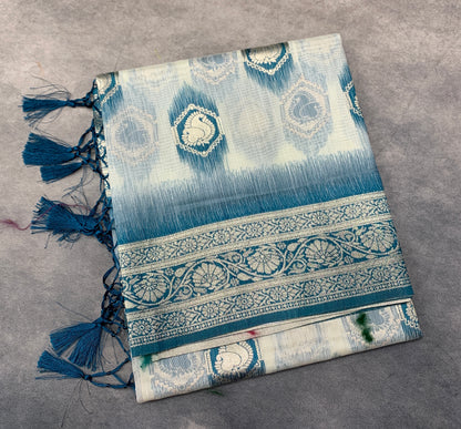 Banaras Katan Saree Off White Colour with Peacock Blue Katan Work Border