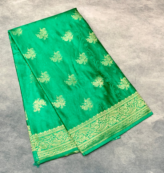 Banaras Saree Light Green Colour with Golden Colour Floral Design Border
