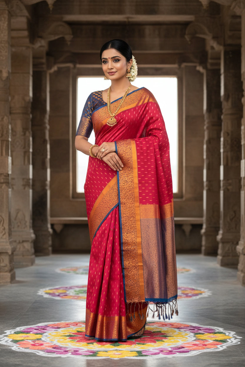 Soft Vegan Silk Saree Reddish Pink Colour with Sky Blue and Copper Border