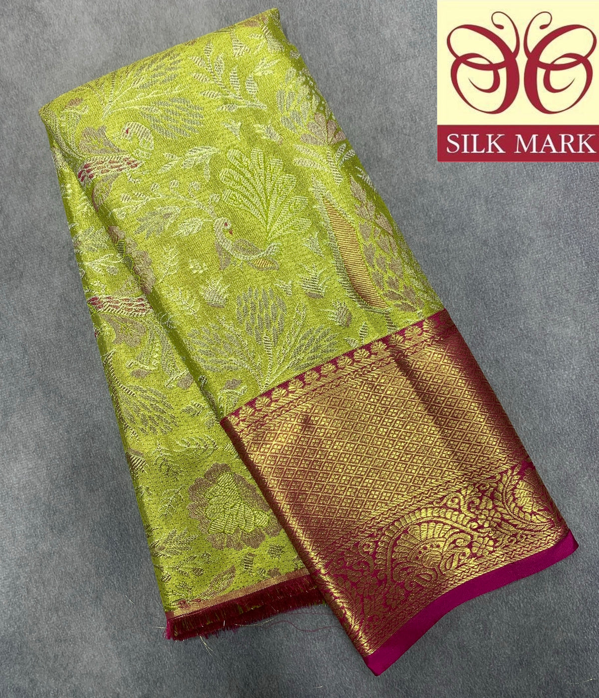 Lime Yellow Shade Pure Kanchipuram Kids Pattu Pavadai with Contrast Border for Newborn to 2 Years