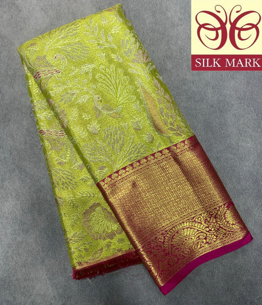 Lime Yellow Shade Pure Kanchipuram Kids Pattu Pavadai with Contrast Border for Newborn to 2 Years