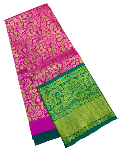 Pink shade Vegan Silk Kids Pattu Pavadai with Contrast border for age above 10 years