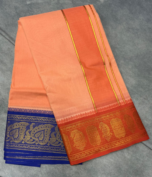 9X5 Cotton Dhoti Peach Colour with Orange and Blue Border