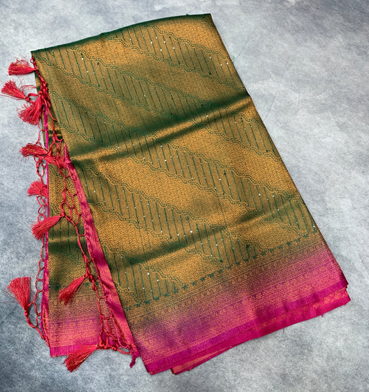 Soft Silk Saree Green Colour and Stone Work with Pink Colour Pallu