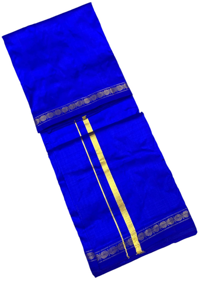 9X5 Pure Silk Dhoti Blue with Small Border