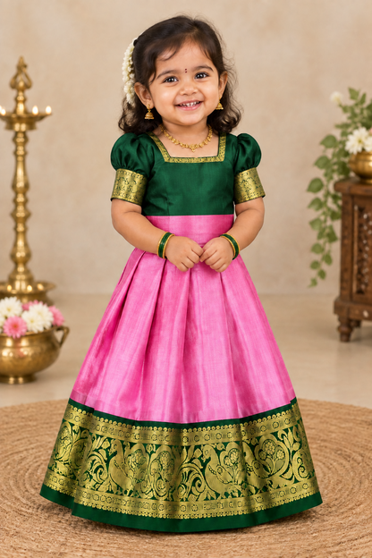Rose Pink Shade Pure Kanchipuram Kids Pattu Pavadai with Contrast Border for Newborn to 2 Years