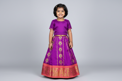 Magenta Shade Semi Silk Kids Pattu Pavadai with Contrast border for Age 2 to 5 Years