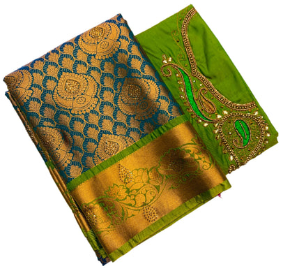 Bridal Vegan Silk Saree Pastel Green shade with Green Border with Unstitched blouse in Aari work