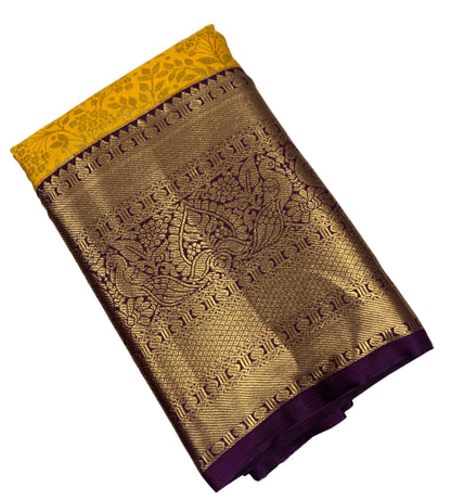 Yellow Colour Semi Silk Saree with Big Brown Border