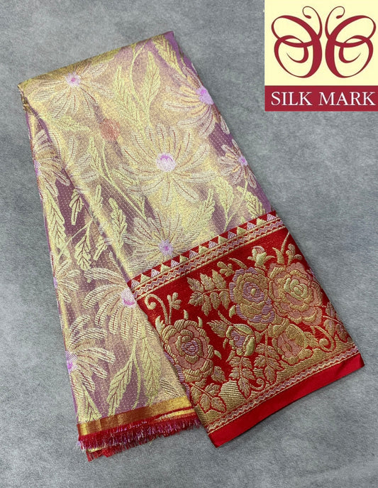 Baby Pink Shade Pure Kanchipuram Kids Pattu Pavadai with Contrast Border for Newborn to 2 Years