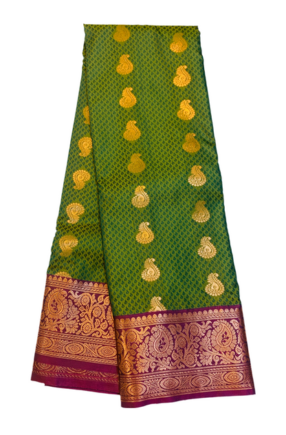 Vegan Silk Saree Olive Green Colour with Brown Border