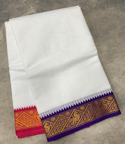9X5 Cotton Dhoti White Colour with Violet and Pink Border with Angavastarm