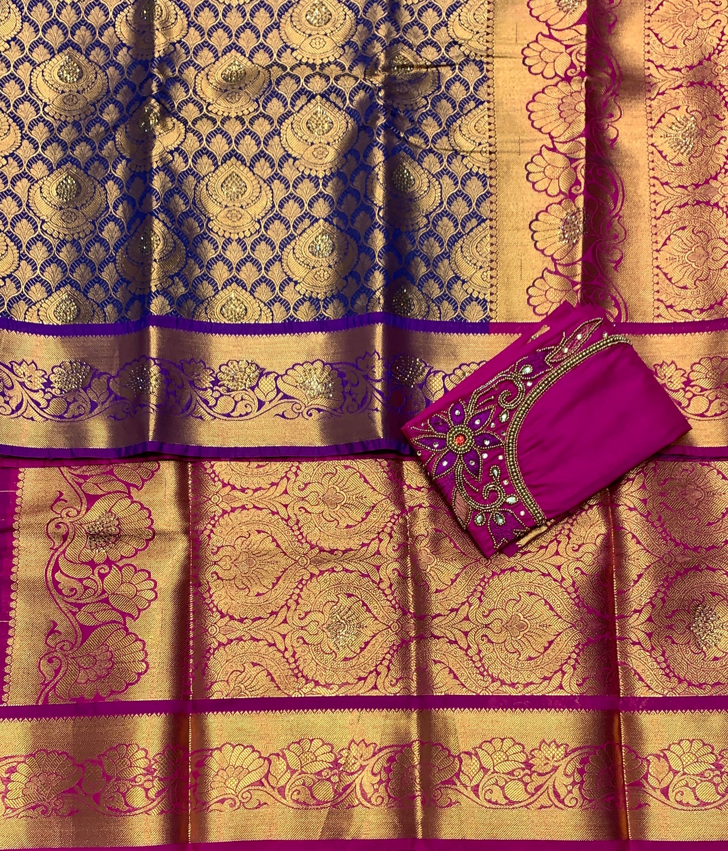 Bridal Vegan Silk Saree Blue Colour with Pink Border with Unstitched blouse in Aari Work