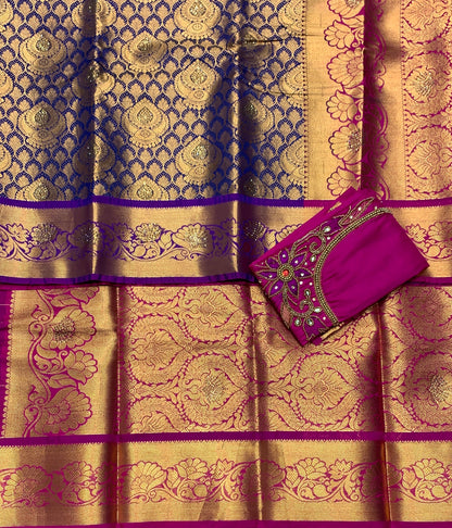 Bridal Vegan Silk Saree Blue Colour with Pink Border with Unstitched blouse in Aari Work