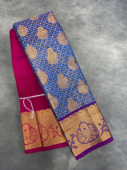 Vegan Silk Saree Blue Colour with Pink and Copper Border