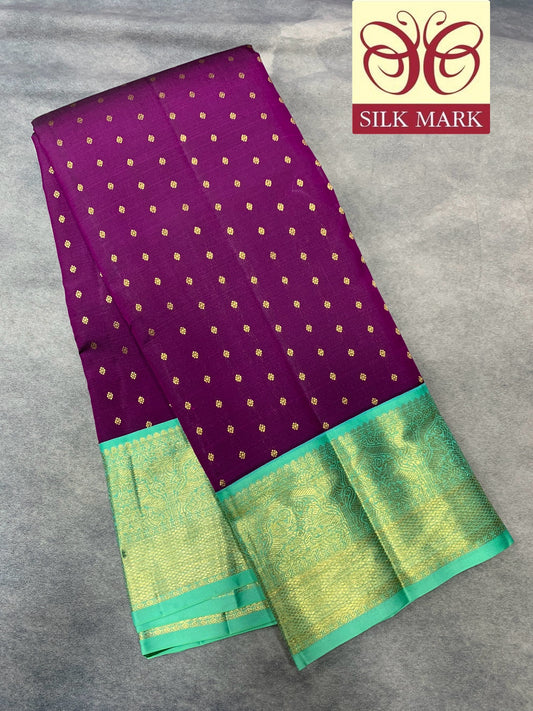 Pure Kanchipuram Silk Magenta Colour with Sapphire and Golden Zari Border