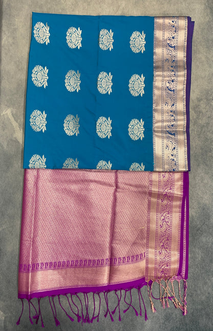 Art Silk Saree Sky Blue Colour with Purple Colour Border