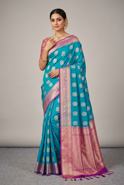 Art Silk Saree Sky Blue Colour with Purple Colour Border