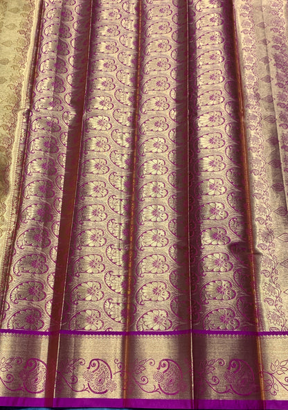 Vegan Silk Saree Golden Yellow Colour with Pink and Copper Border