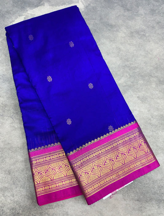 Pure Kanchipuram Silk Blue Colour with Purple Border