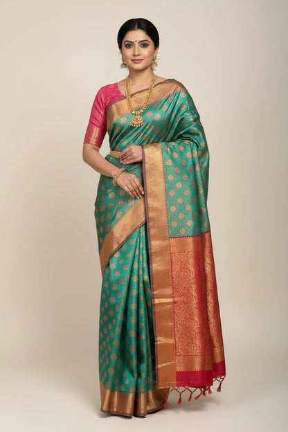 Vegan Silk Saree Light Green Colour with Magenta and Copper Border