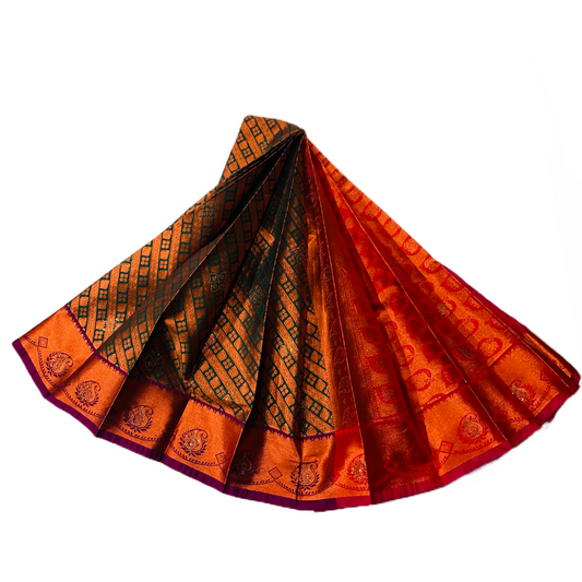 Green Shade Soft kanchi pattu with Copper and Purple Border with Mango design.