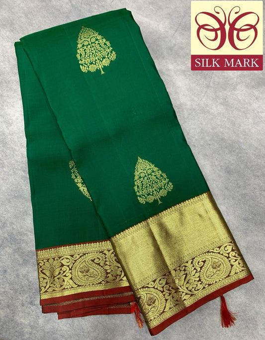 Pure Kanchipuram Silk Saree Green Colour with Golden and Maroon Border