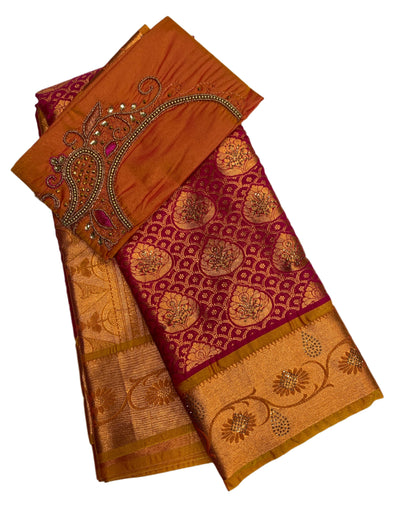 Bridal Vegan Silk Saree Pink Colour with Golden Yellow Border with Unstitched blouse in Aari work