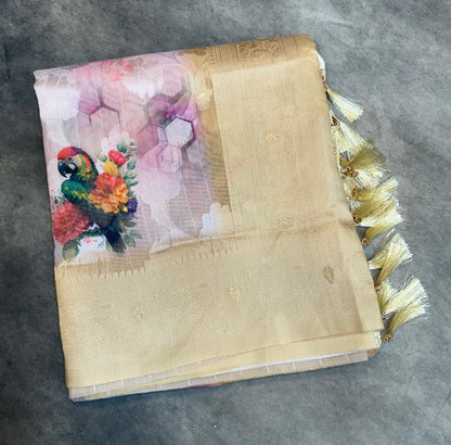 Digital Print Cotton Saree Sandal Colour with Floral and Birds Pattern