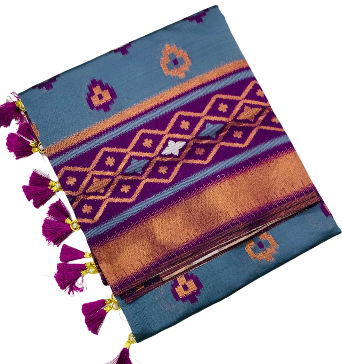 Pochampalli Semi Silk Saree Gray Colour with Magenta Border