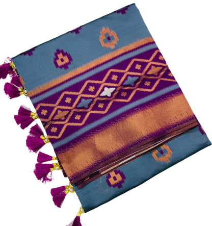 Pochampalli Semi Silk Saree Gray Colour with Magenta Border