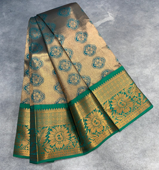Vegan Silk Saree Peacock Green Colour Saree with Copper Border