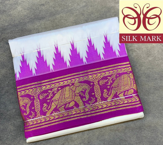6 Mulam Silk Pooja Towel White Colour with Ganga Jamuna Korvai Border( Pre Order Available)