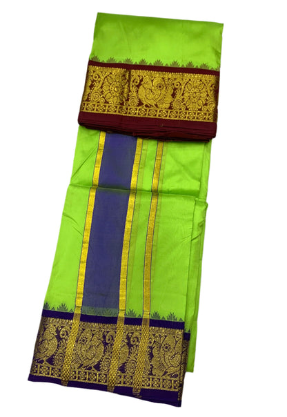 9X5 Pure Silk Dhoti Apple Green Colour Blue Border