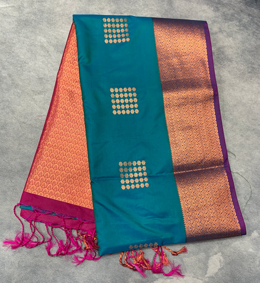 Soft Vegan Silk Saree Peacock Green Colour with Purple and Copper Border