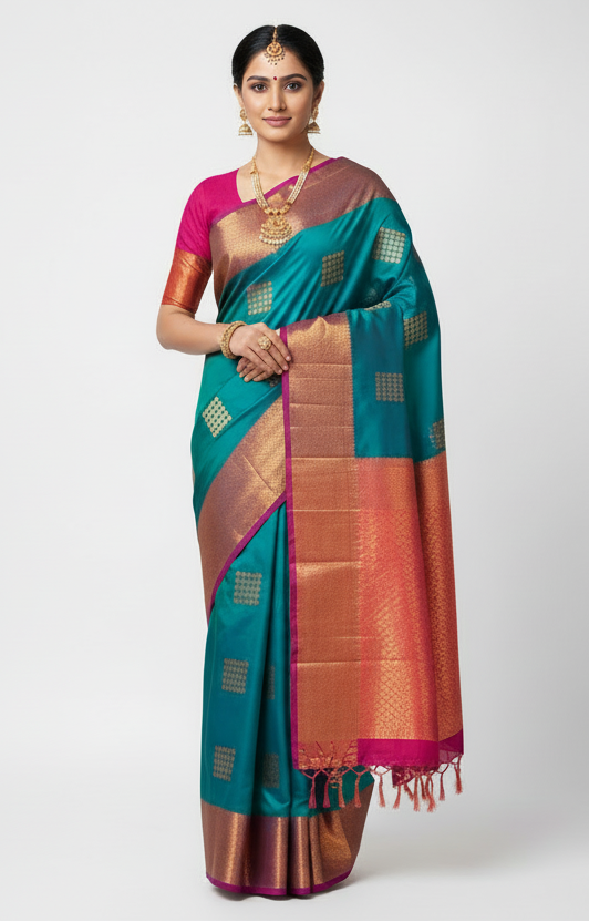 Soft Vegan Silk Saree Peacock Green Colour with Purple and Copper Border