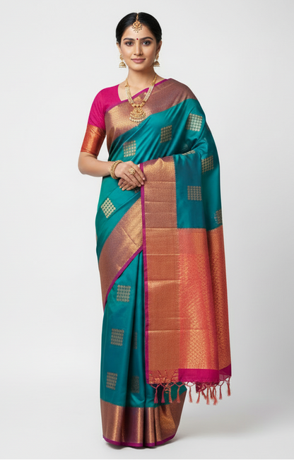 Soft Vegan Silk Saree Peacock Green Colour with Purple and Copper Border