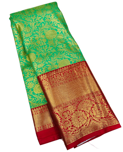 Light Green Colour Semi Silk Saree with Big Red Border