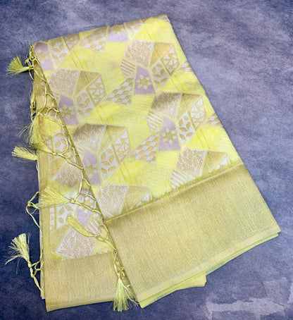 Banaras Katan Saree Yellow Colour with Katan Work Border
