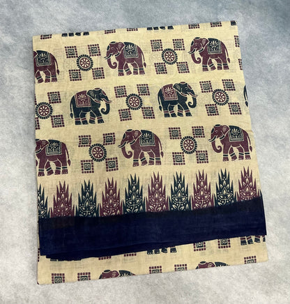 Chettinad Sungudi Cotton Sandal Colour with Navy Blue Colour Border