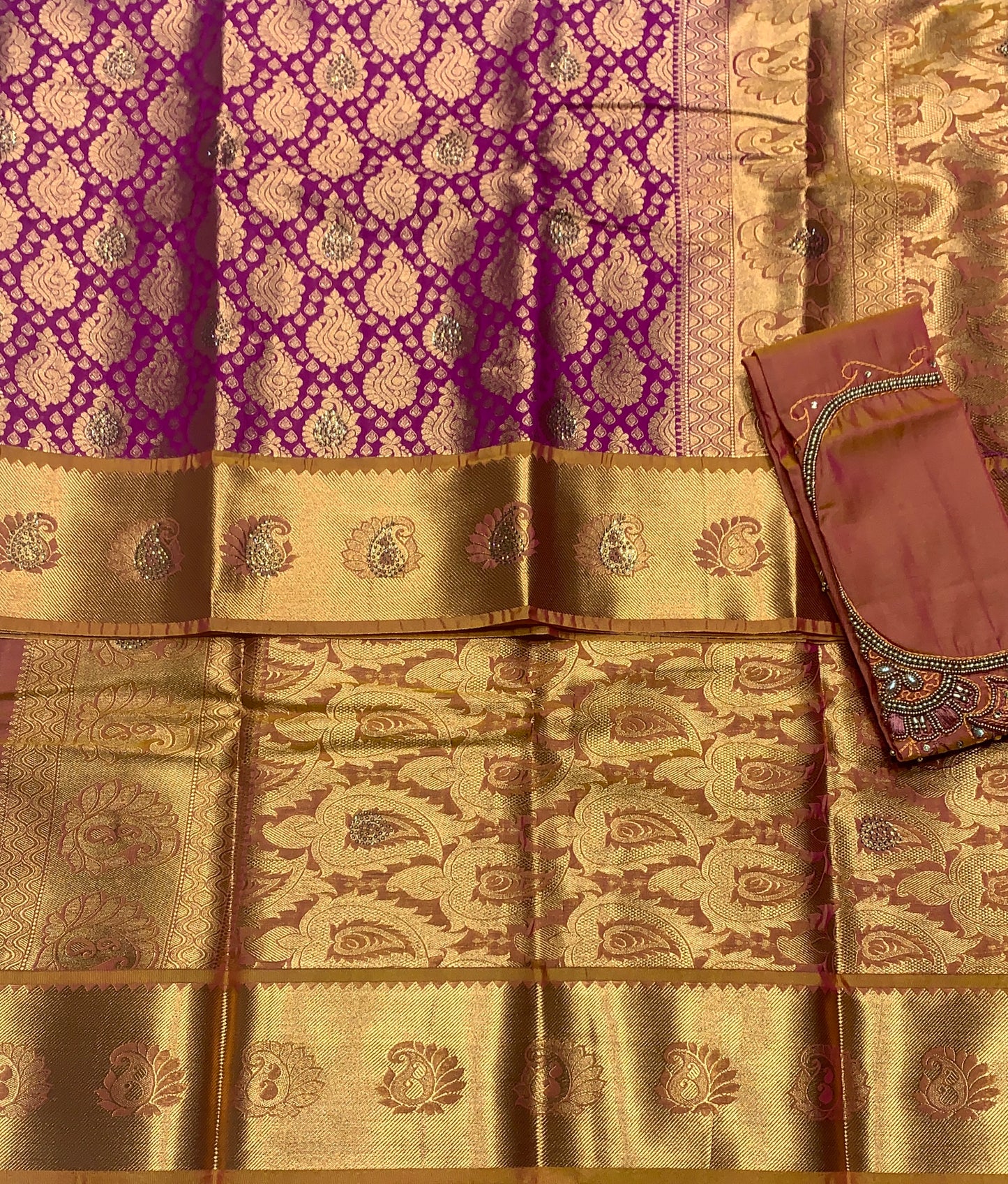 Bridal Vegan Silk Saree Pink shade with Golden Yellow Border with Unstitched blouse in Aari work