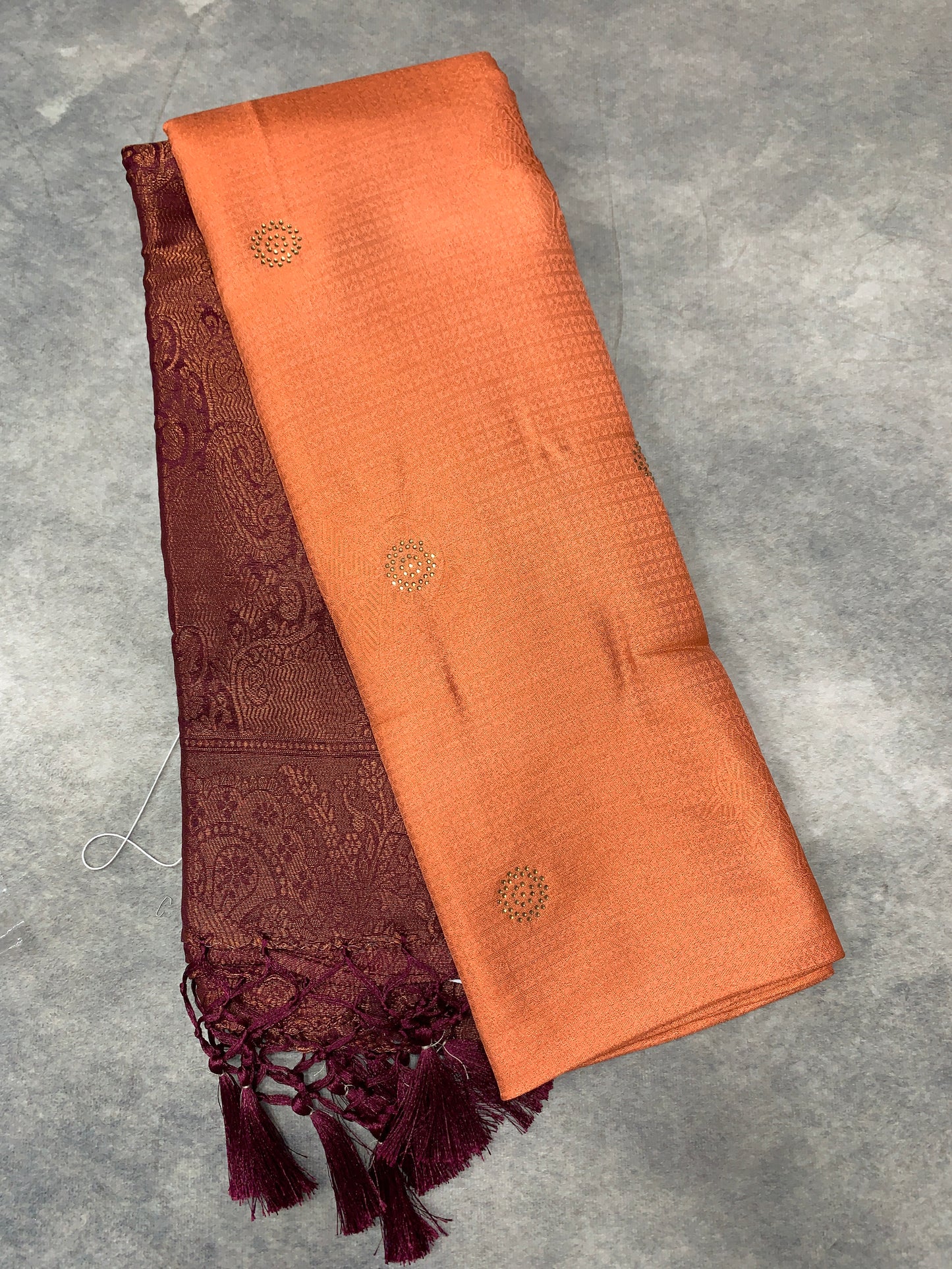 Soft Silk Saree Peach Colour and Stone Work with Brown Colour Pallu
